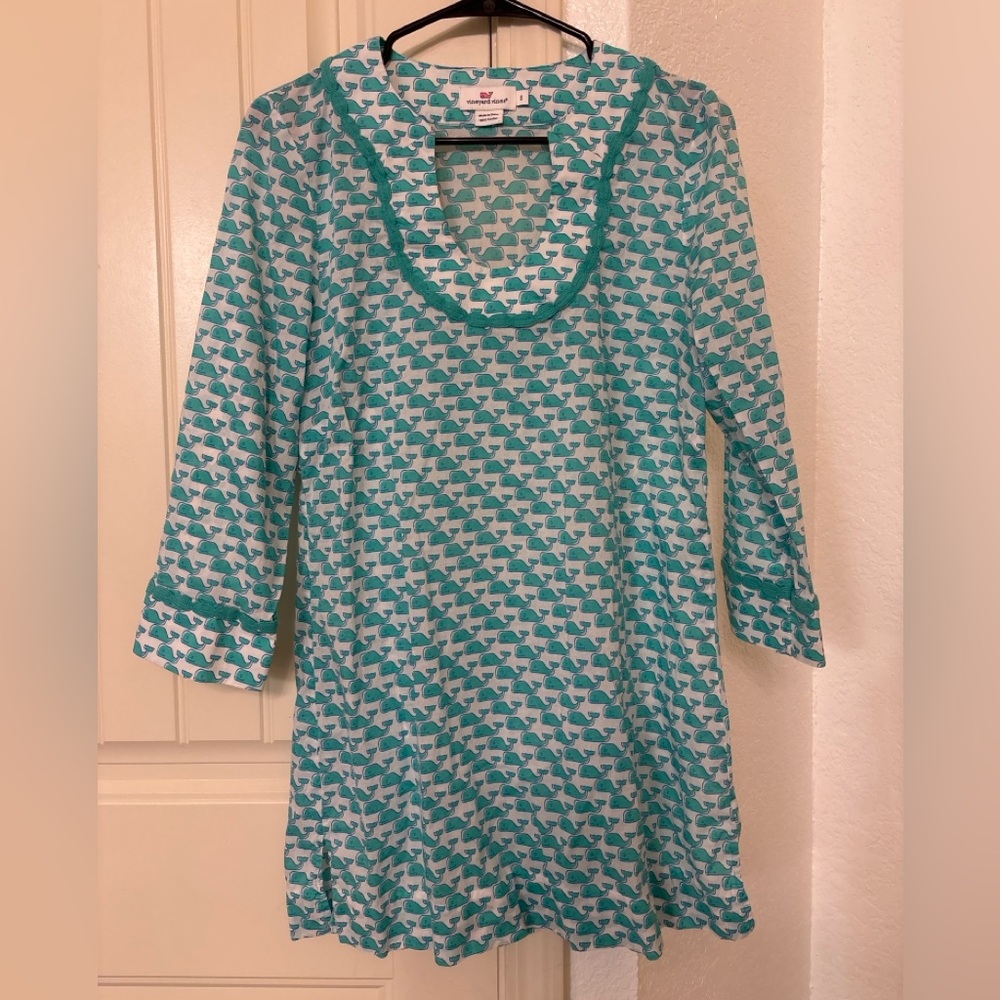Vineyard Vines Whale Print Dress Small Teal Preppy 3/4 Sleeve Shift Dress
